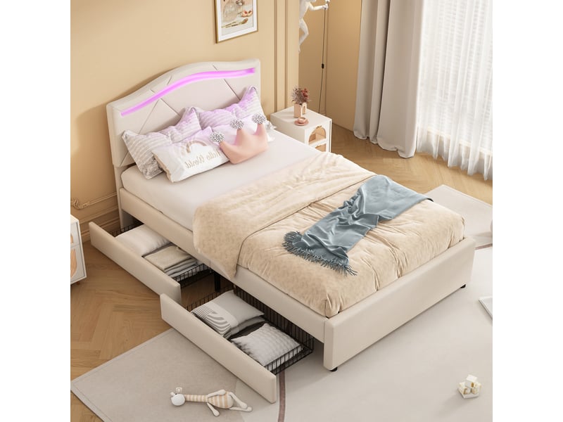  Lit capitonné 90x200cm, beige, sans matelas, led, deux tiroirs, tête réglable, lin et mdf, style minimaliste  - Conforama D