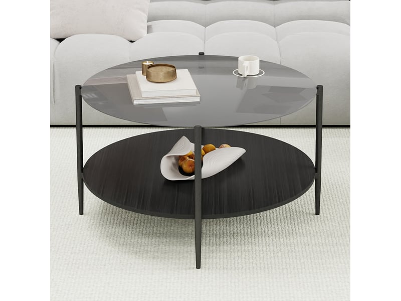  Table basse ronde à 2 niveaux – verre trempé fumé noir et bois – ø 82 x h 45 cm  - Conforama B