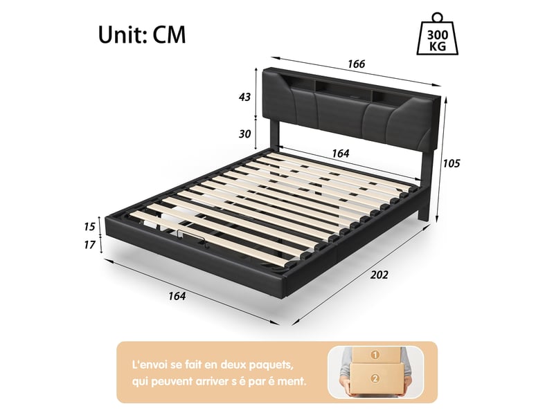  Lit coffre double 160x200cm en pu pour 2 personnes, avec led et usb, grand espace de rangement hydraulique, tête de lit réglable  - Conforama E