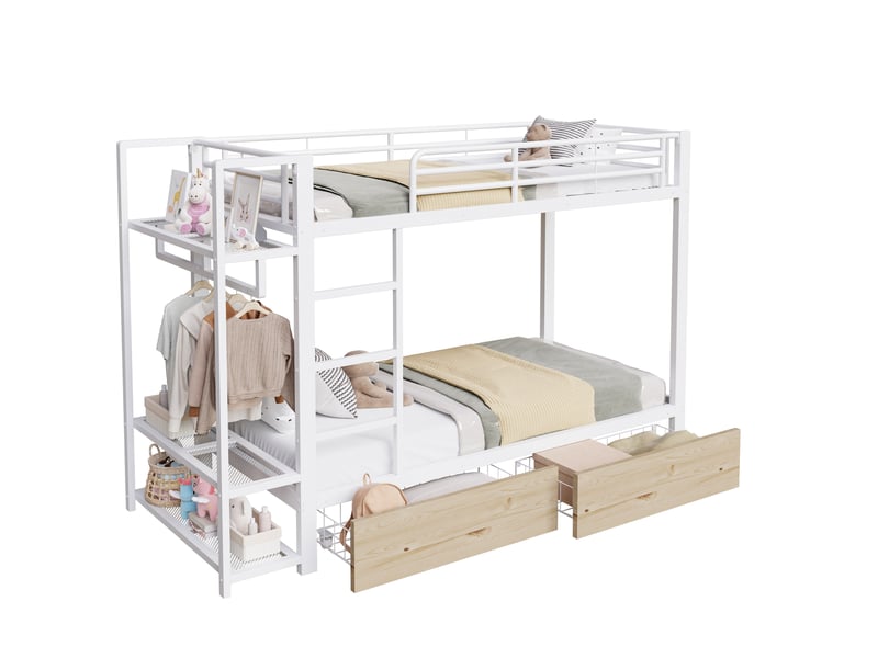 Lit superposé enfant 90 x 200 cm en métal avec led, rangements et tiroirs, blanc - Conforama A