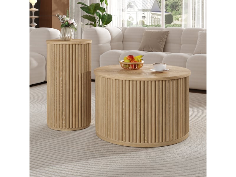  Table basse ronde double ensemble table basse bois nature mdf avec rayures 3d pour salon  - Conforama R