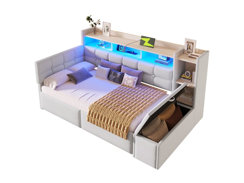  Lit avec rangement rembourré 90x190 cm coloris blanc led velours lit adulte blanc - Conforama A