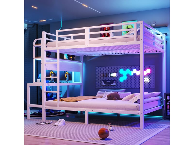  Lit superposé 140x200 cm avec bureau, led multicolore, usb, rangement et étagères, barrières de sécurité, cadre en métal, mdf, blanc Radiant Stride - Conforama D