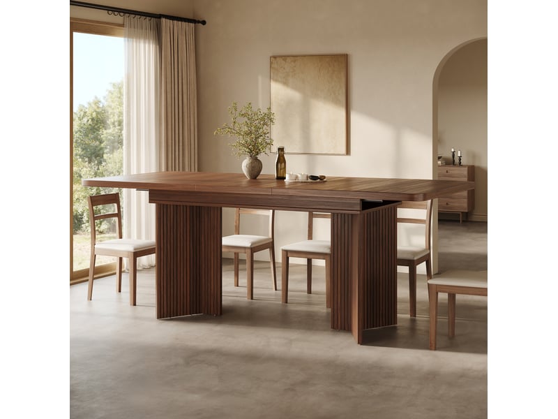  Table à manger extensible 120x160 cm pieds en v rainurés mdf métal marron  - Conforama C