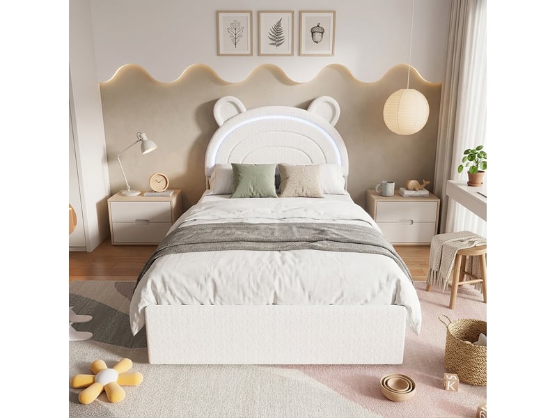  Lit enfant 90 × 200 cm avec 4 tiroirs latéraux, tête de lit ours et éclairage led commandé par application, beige  - Conforama D