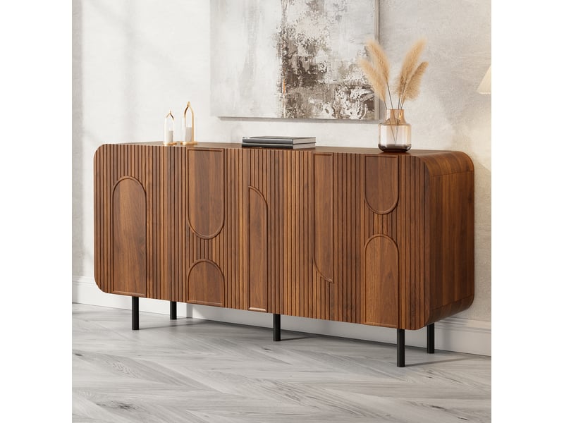  Buffet mid-century 160x40x79 cm – bois foncé – 4 portes, 8 compartiments, rangement modulable  - Conforama D