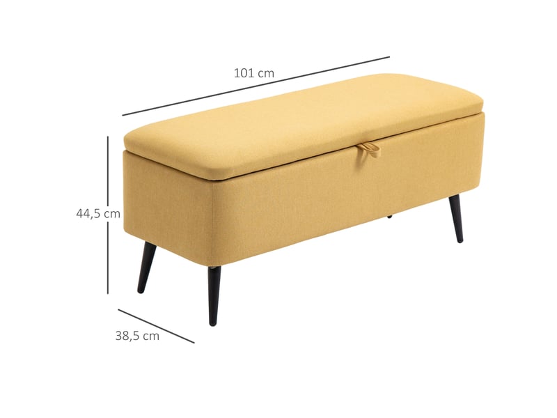  Banc rembourré avec coffre de rangement en tissu aspect lin jaune mesurant 101 cm de large 38,5 cm de profondeur et 44,5 cm de hauteur pour une charge maximale de 150 kg  - Conforama C
