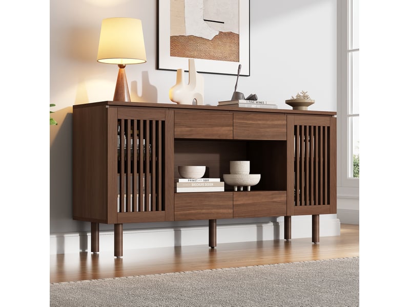  Buffet 140x35x71 cm 4 tiroirs et 2 portes persiennées coloris noyer  - Conforama E