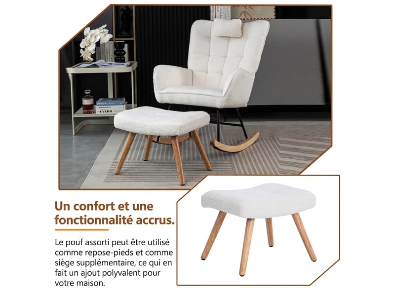  Fauteuil à bascule blanc avec repose-pieds et coussin, tissu bouclette, cadre en bois d'hévéa, assise 65 cm  - Conforama W