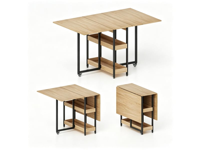  Table à manger pliable à roulettes pour 4 personnes avec rangements ouverts  - Conforama A