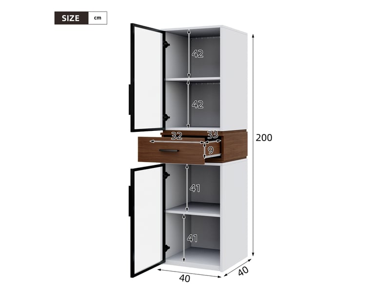  Vitrine murale en verre 40x40x200 cm avec éclairage led - meuble blanc avec deux portes vitrées et une tiroir  - Conforama C