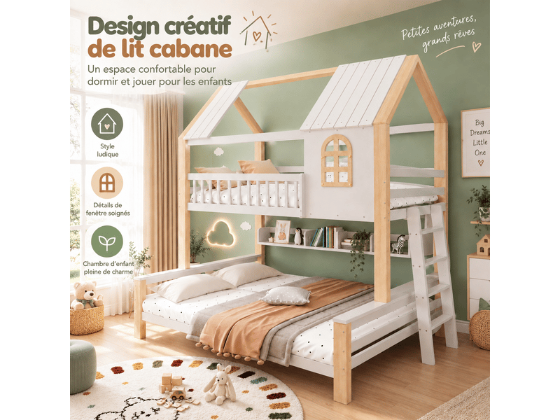  Lit superposé cabane 90x200140x200 cm, blanc et bois naturel Fay Lum - Conforama D