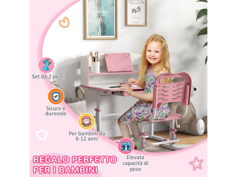  Bureau enfant avec chaise réglable rose 80 x 54,5 x 82-104 cm, bureau enfant 6-12 ans  - Conforama R