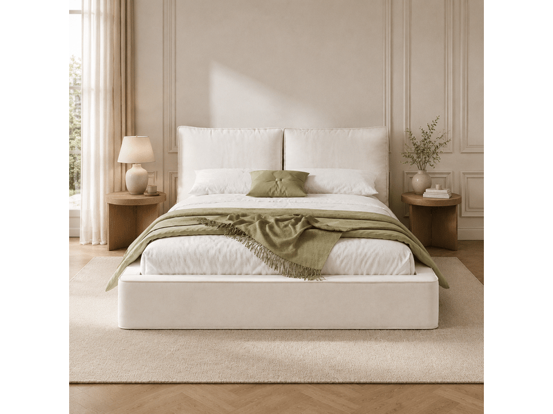  Lit double 180x200 cm, lit rembourré, sommier à lattes, tête de lit rembourrée, tissu chenille beige  - Conforama C