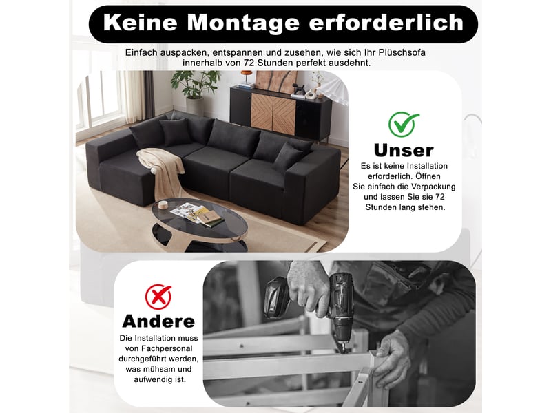 Canapé d'angle compressée en l en velours côtelé,264x167x71cm,canapé modulaire 4 pièces en mousse,sans montage,noir  - Conforama E