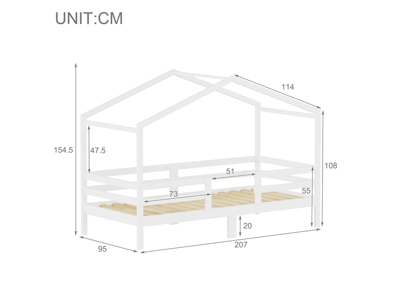  Lit cabane 90x200cm - lit enfant en pin massif avec structure toit, barrière de sécurité &amp; sommier à lattes - blanc  - Conforama E
