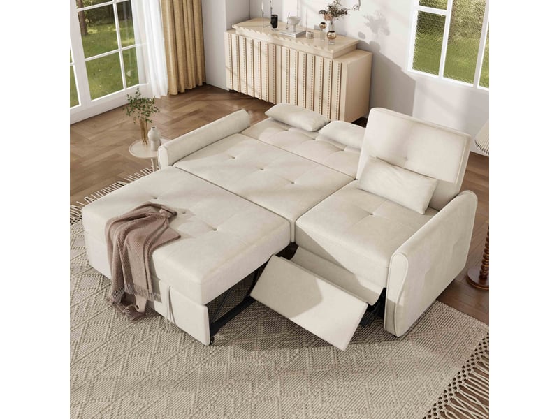  Canapé convertible 3 places 176x148x83 cm, canapé-lit extensible 3 en 1 avec dossier réglable 3 positions, repose-pieds intégré,tissu chenille-beige  - Conforama E