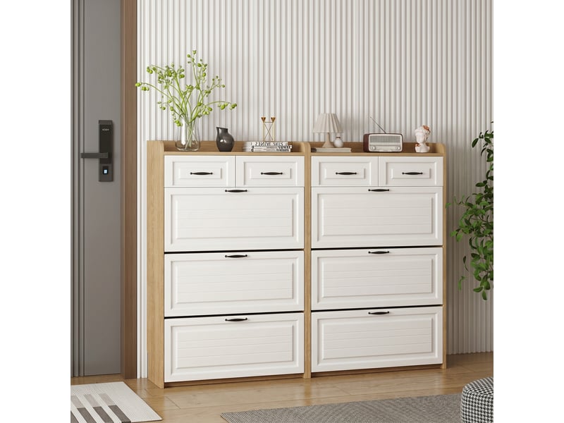  Commode à chaussures  80x23.5x131 cm avec armoire à chaussures pivotante, composée de trois grands volets et de deux tiroirs  - Conforama W