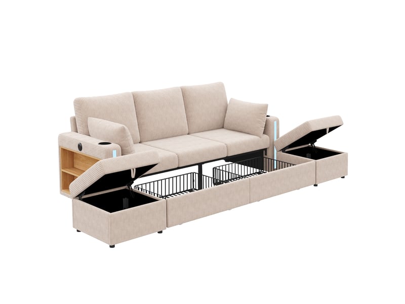  Canapé modulaire u ou l 5 places avec 2 poufs, led, usb et type-c - lpospi - rangements, velours côtelé beige  - Conforama A