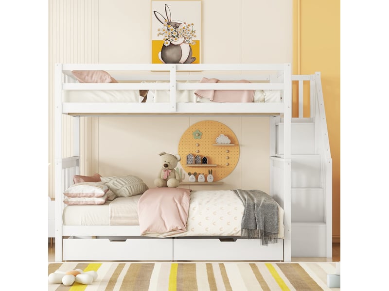  Lit superposé 140x200 cm avec escalier de rangement et 2 tiroirs blanc  - Conforama D