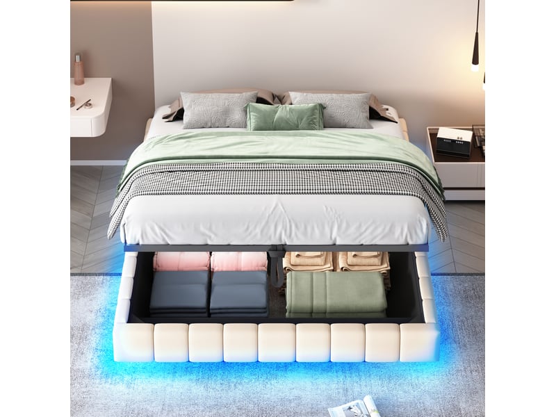 Lit coffre tcqpz 160 x 200 cm suspendu avec led sans tête de lit beige en tissu métal - Conforama D