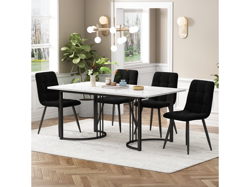  Ensemble repas 5 pièces, motif marbre, plateau en mdf blanc, pieds métal réglables et 4 chaises velours noir  - Conforama W
