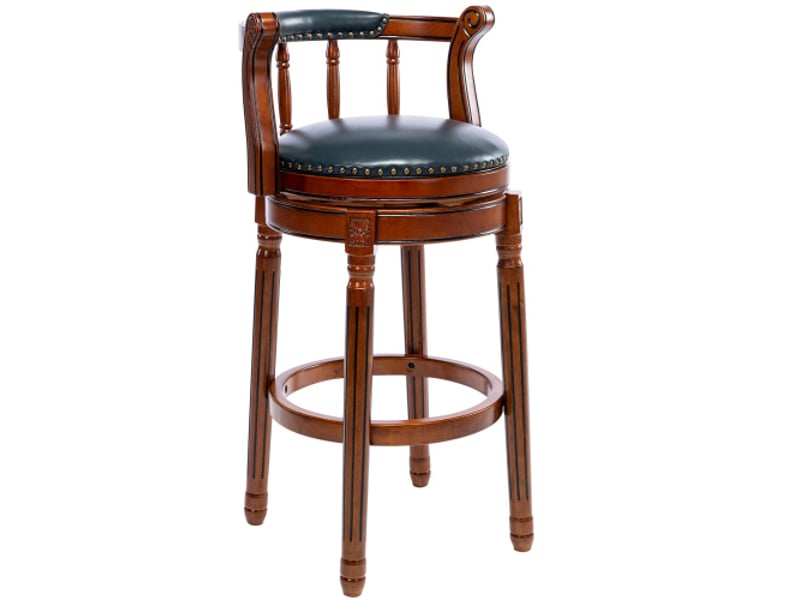  Tabouret de bar pivotant 360°, tabouret bleu avec dossier, pieds en bois, pour cuisine et bar, en cuir  - Conforama A