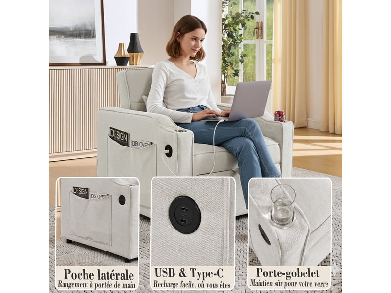  Canapé convertible 1 place avec ports usb en tissu beige W3567S00002 - Conforama D