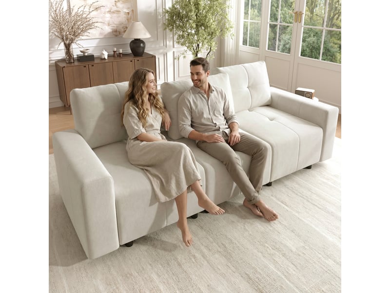  Canapé droit 3 places 213 cm en chenille beige blanc, profondeur réglable IKSETERA TRADING LTD - Conforama E