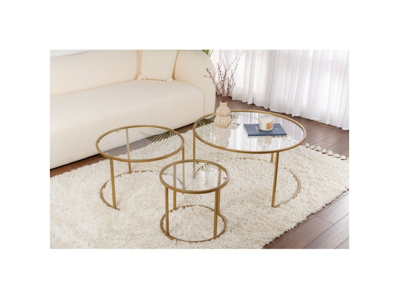  Tables basses gigognes en verre trempé et métal doré et transparent ø80, ø60 et ø42 cm lot de 3  - Conforama D
