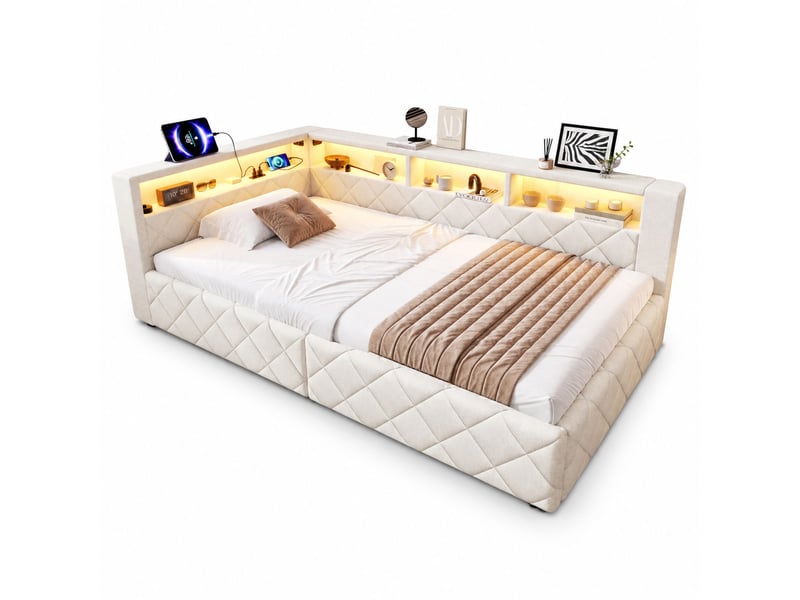  Lit banquette coffre 90x200 cm en lin avec rangement hydraulique, led, usb, tête de lit avec étagères, lit simple rembourré - beige  - Conforama A