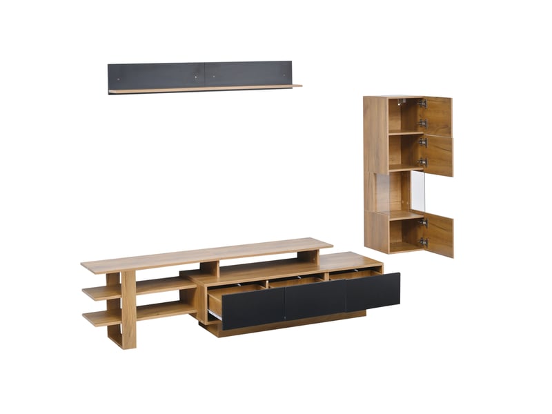  Ensemble meuble tv mural, avec éclairage led connecté pour tv jusqu'à 80 pouces, comprenant 1 banc tv 1 vitrine et 1 étagère, naturel et noir  - Conforama D