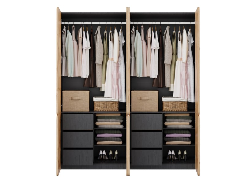  Armoire de chambre 180x50x200 cm avec 8 portes et 6 tiroirs, 2 penderies, design moderne, finition chêne  - Conforama A