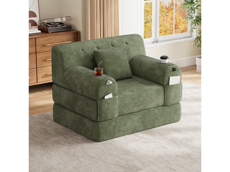  Canapé droit 1 place en velours côtelé vert avec haute dossier et structure métallique pour salon moderne  - Conforama E