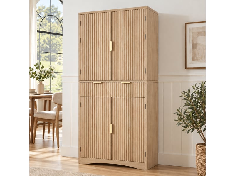  Buffet haut 76x40x180cm avec tiroirs, portes à grille et rangements, meuble pour cuisine et salon, effet bois naturel evarich - Conforama B