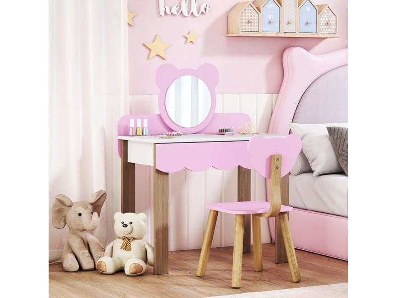  Coiffeuse enfant avec tabouret 68 x 35 x 86 cm rose en mdf, miroir acrylique et tiroir de rangement  - Conforama B