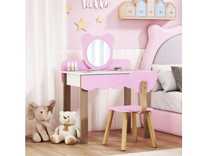 Coiffeuse enfant avec tabouret 68 x 35 x 86 cm rose en mdf, miroir acrylique et tiroir de rangement
