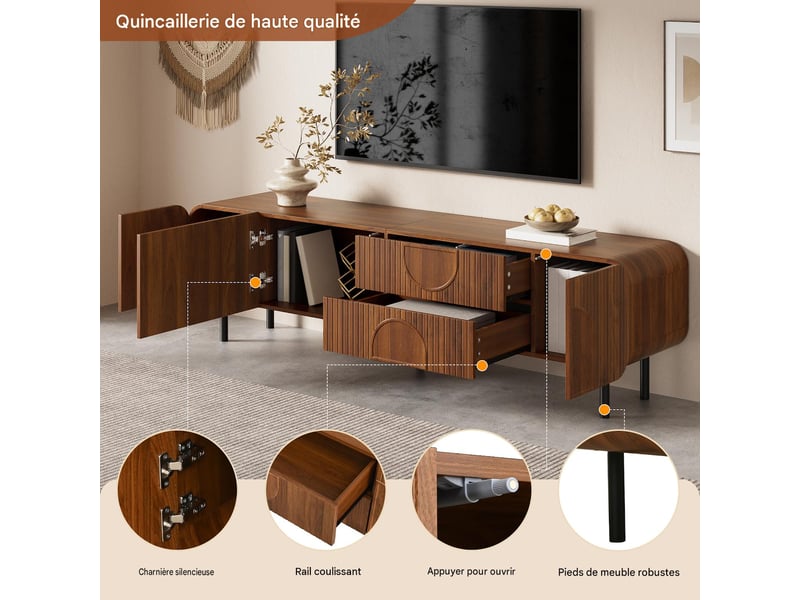  Meuble tv avec rangements mdf et panneau de particules coloris noyer 180x40x47,5 cm - pangivo  - Conforama E