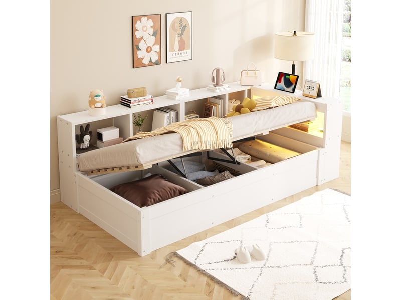  Lit banquette 90x200 cm avec rangements led multicolore prise euro mécanisme hydraulique bois massif blanc  - Conforama B