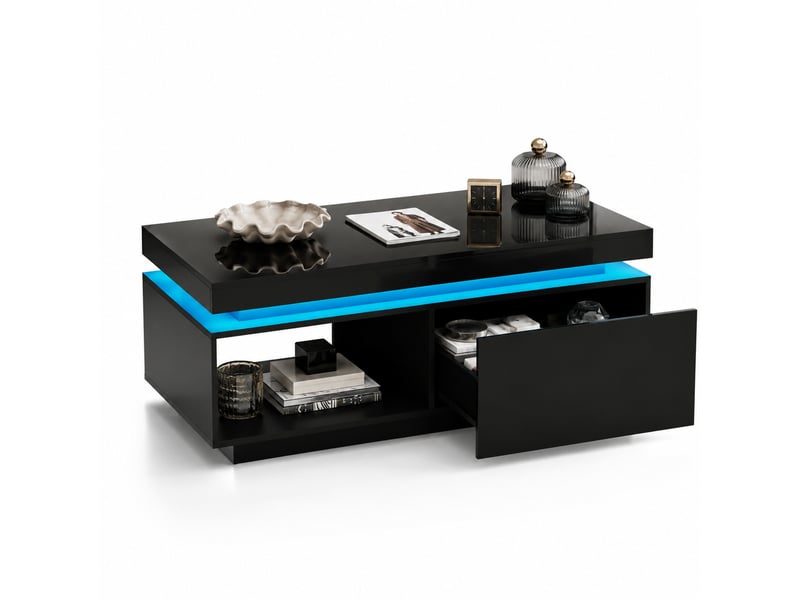  Table basse avec 1 tiroir et led, finition brillante, pour salon, 100 × 50 × 40,3 cm  - Conforama A
