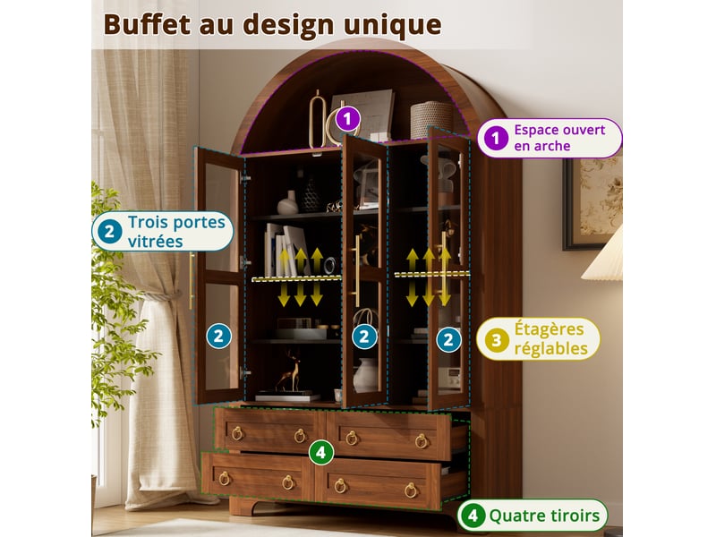 Buffet haut 110x40x185 cm, 3 portes vitrées, 4 tiroirs, niche arche ouverte, mdf et panneaux de particules noyer - Conforama D