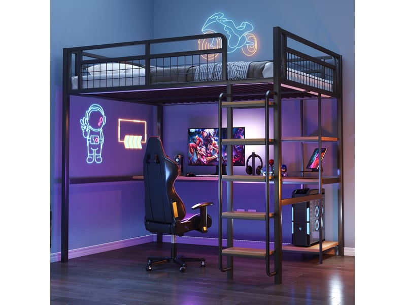 Lit mezzanine enfant 140x200 cm – noir – bureau et étagères intégrés, échelle sécurisée – sans matelas - Conforama B