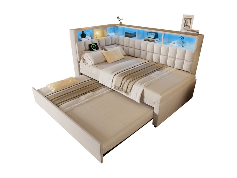  Lit gigogne 90x200 cm - lit simple ado avec rangement led et usb type-c, haut-parleur bluetooth intégré - sans matelas - lin beige  - Conforama A