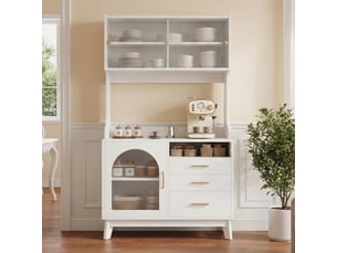 Buffet haut 100.5x40x178 cm - rangement multi-niveaux - prises et usb-ausb-c intégrés - façade acrylique ondulée - blanc
