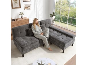 Canapé d'angle, transformable en lit, en tissu chenille, coloris gris antique, l195 x p149 x h86 cm, pour salon