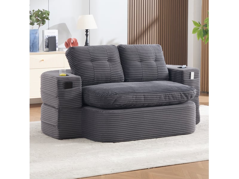  Canapé convertible 165x123 cm avec fonction méridienne, accoudoirs réglables et 2 porte-gobelets, velours, gris foncé  - Conforama D