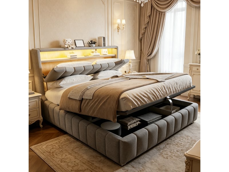 Lit coffre rembourré à vérin hydraulique 180×200 cm avec tête de lit de rangement, bande lumineuse led et ports de charge usb, revêtement en lin, adapté aux chambres et appartements, gris - Conforama B