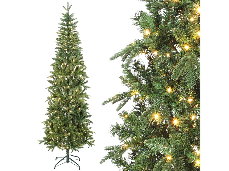  Sapin de noël artificiel 210 cm, arbre de noël slim avec 300 lumières 8 modes d'éclairage 826 branches articulées, vert  - Conforama A