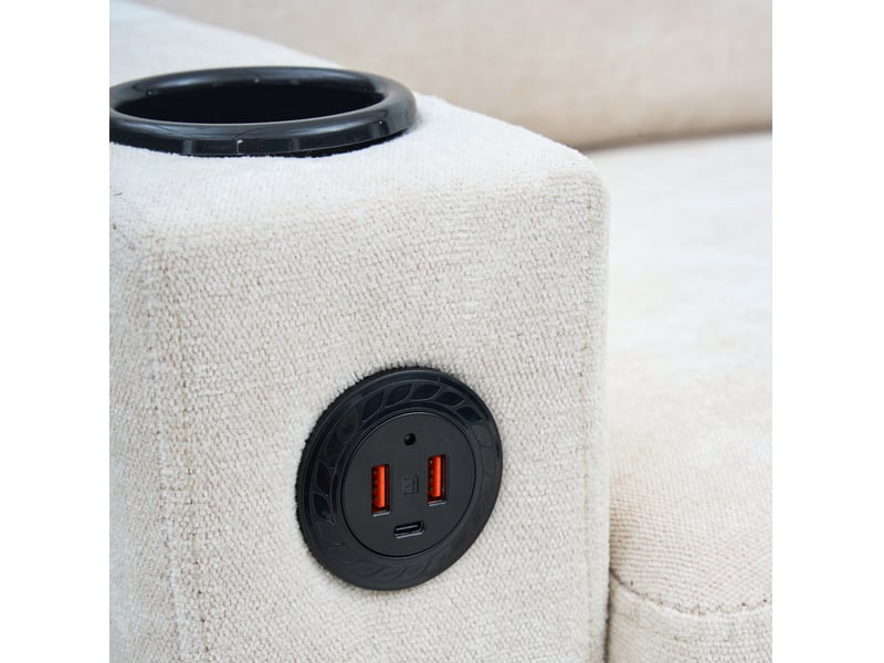 Canapé d'angle convertible 4 places en tissu beige avec usb, type-c, pouf modulable et 2 porte-gobelets - Conforama D