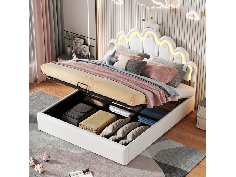  Lit double 140x200cm, lit coffre avec espace de rangement, tête de lit réglable, led et sommier, pu blanc,sans matelas  - Conforama B